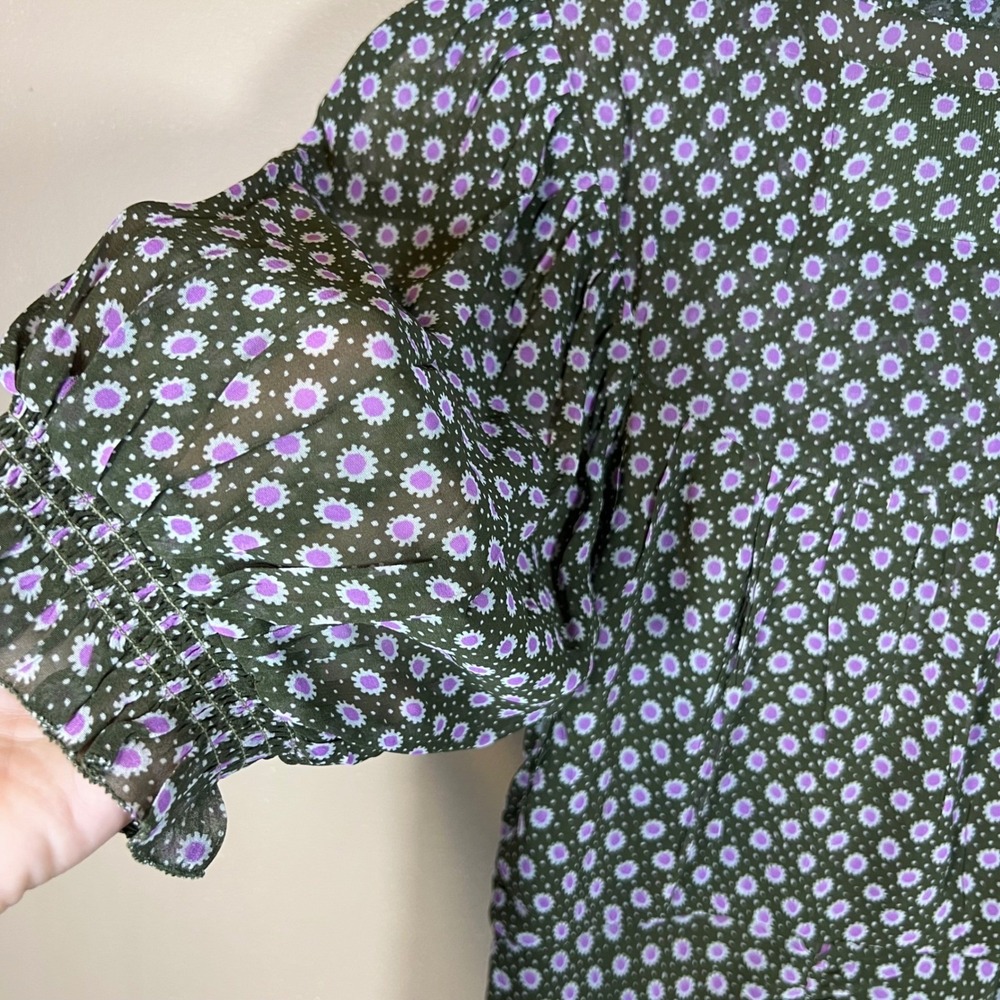 Anthropologie Green Purple Floral Sunburst Puff Sleeve Maxi Dress Size 0 - Picture 9 of 12